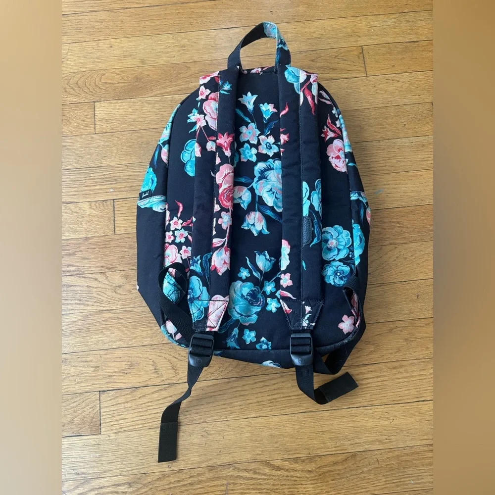 Herschel Backpack Black w/ Multicolor Floral Pattern Striped Lining Front Pocket